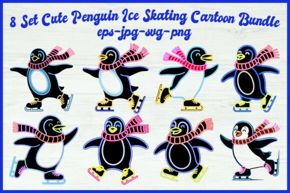 8 Cute Penguin Ice Skating Cartoon Set Illustrations