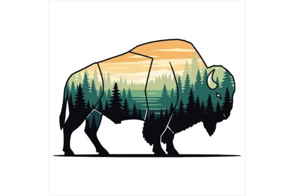 Bison Silhouette with Forest Landscape Illustrations