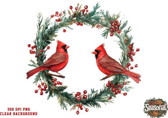 Cardinal Couple Holiday Wreath PNG Review