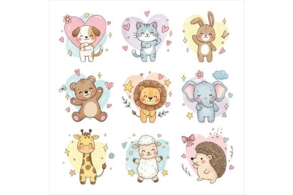 Cute Animal with Hearts and Flowers Illustrations