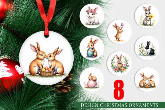 Easter Bunny Floral Watercolor Ornament Illustrations