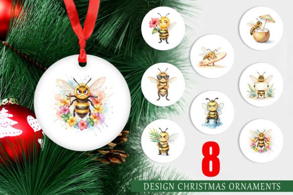 Grumpy Tropical Bee Watercolor Ornament Illustrations