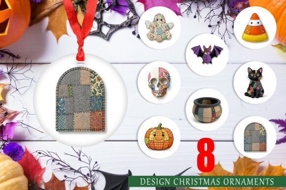 Halloween Patchwork Folk Art Ornament Illustrations