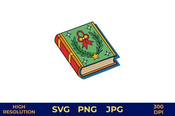Holiday Book with Green Leaves and Stars Illustrations