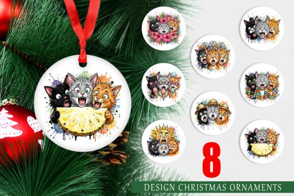 Panic Tropical Cat Watercolor Ornament & Illustrations
