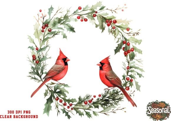 Red Cardinals in Wreath PNG: Holiday Illustrations