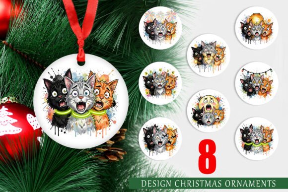 Watercolor Summer Panic Cat Ornament PNG
