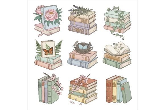 Whimsical Stacked Books with Floral Illustrations