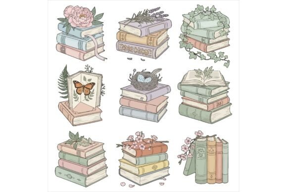 Whimsical Stacks of Books with Floral Illustrations